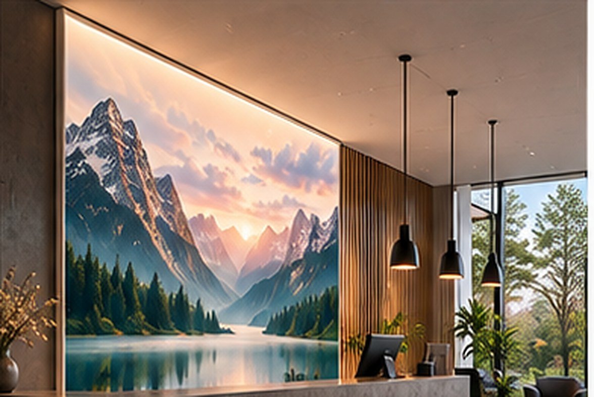 Empfangsbereich mit großformatiger Heizfläche im Textilrahmen, Motiv Bergsee bei Sonnenaufgang
